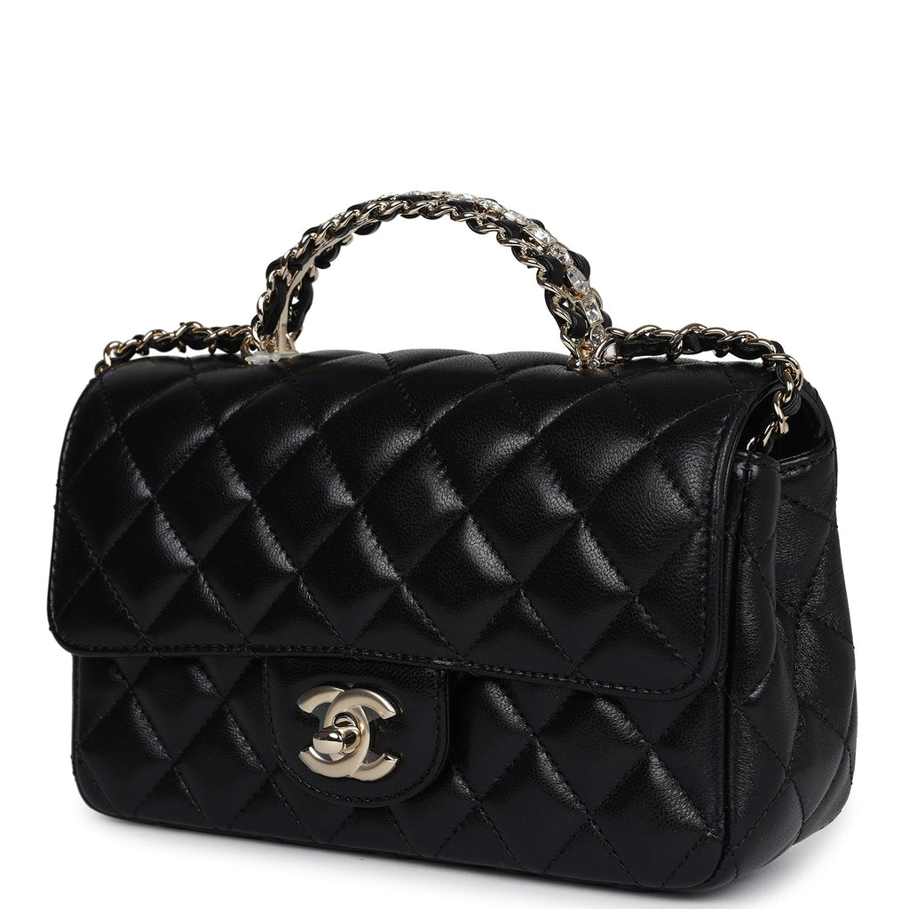 Mini Rectangular Crystal Top Handle Flap Bag Black Lambskin Light Gold Hardware