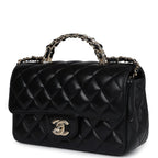 Mini Rectangular Crystal Top Handle Flap Bag Black Lambskin Light Gold Hardware