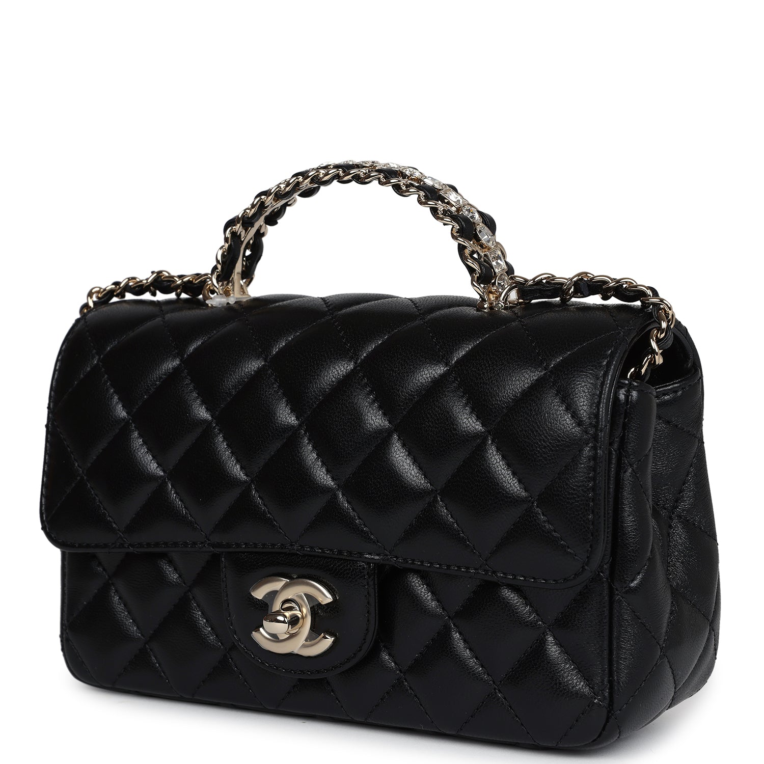 Mini Rectangular Crystal Top Handle Flap Bag Black Lambskin Light Gold Hardware