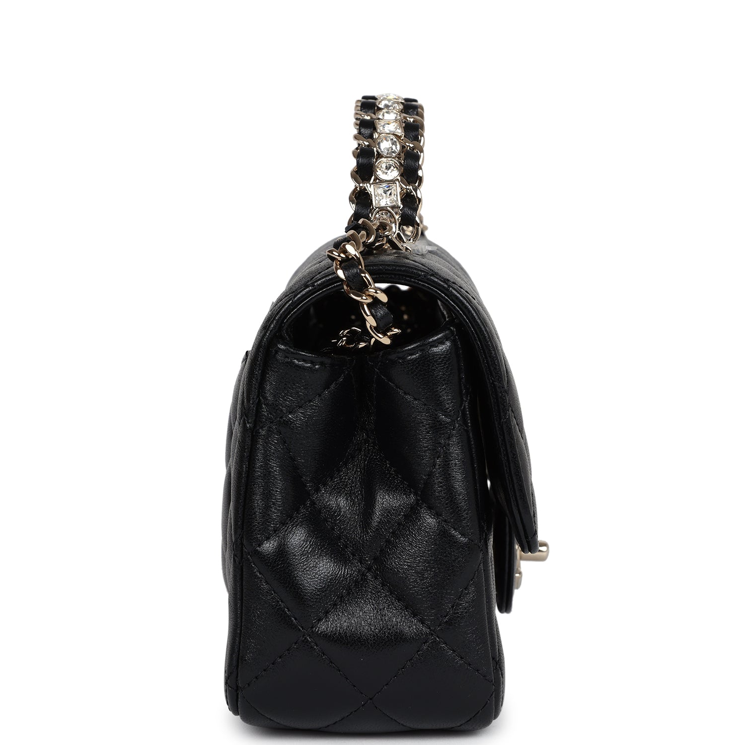 Mini Rectangular Crystal Top Handle Flap Bag Black Lambskin Light Gold Hardware