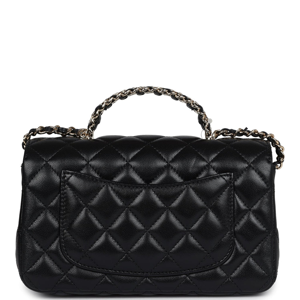 Mini Rectangular Crystal Top Handle Flap Bag Black Lambskin Light Gold Hardware