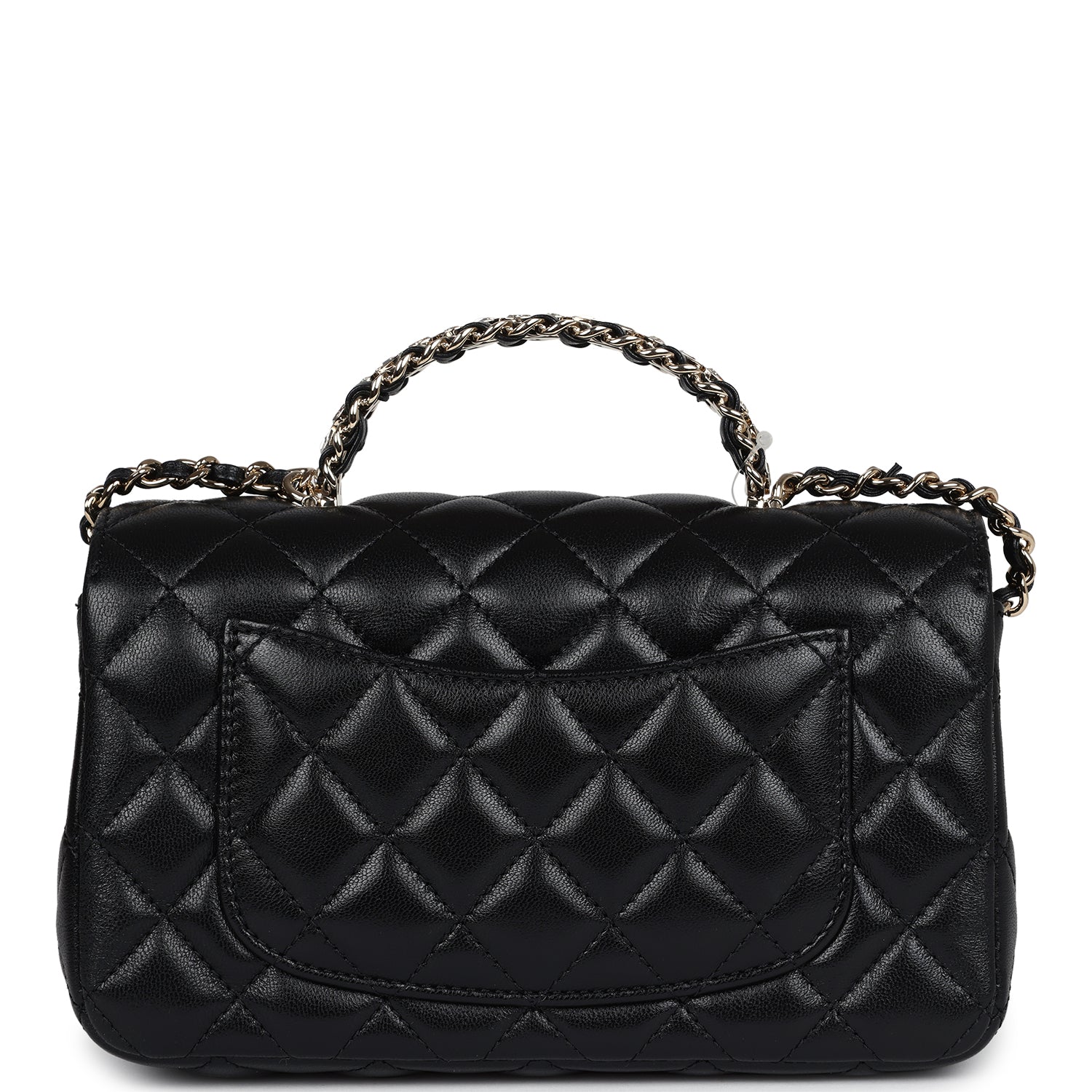 Mini Rectangular Crystal Top Handle Flap Bag Black Lambskin Light Gold Hardware