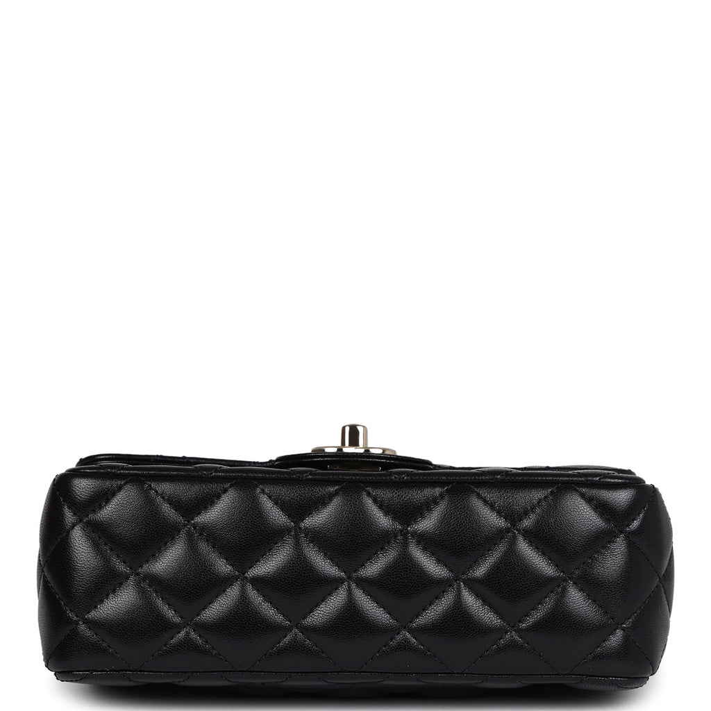 Mini Rectangular Crystal Top Handle Flap Bag Black Lambskin Light Gold Hardware