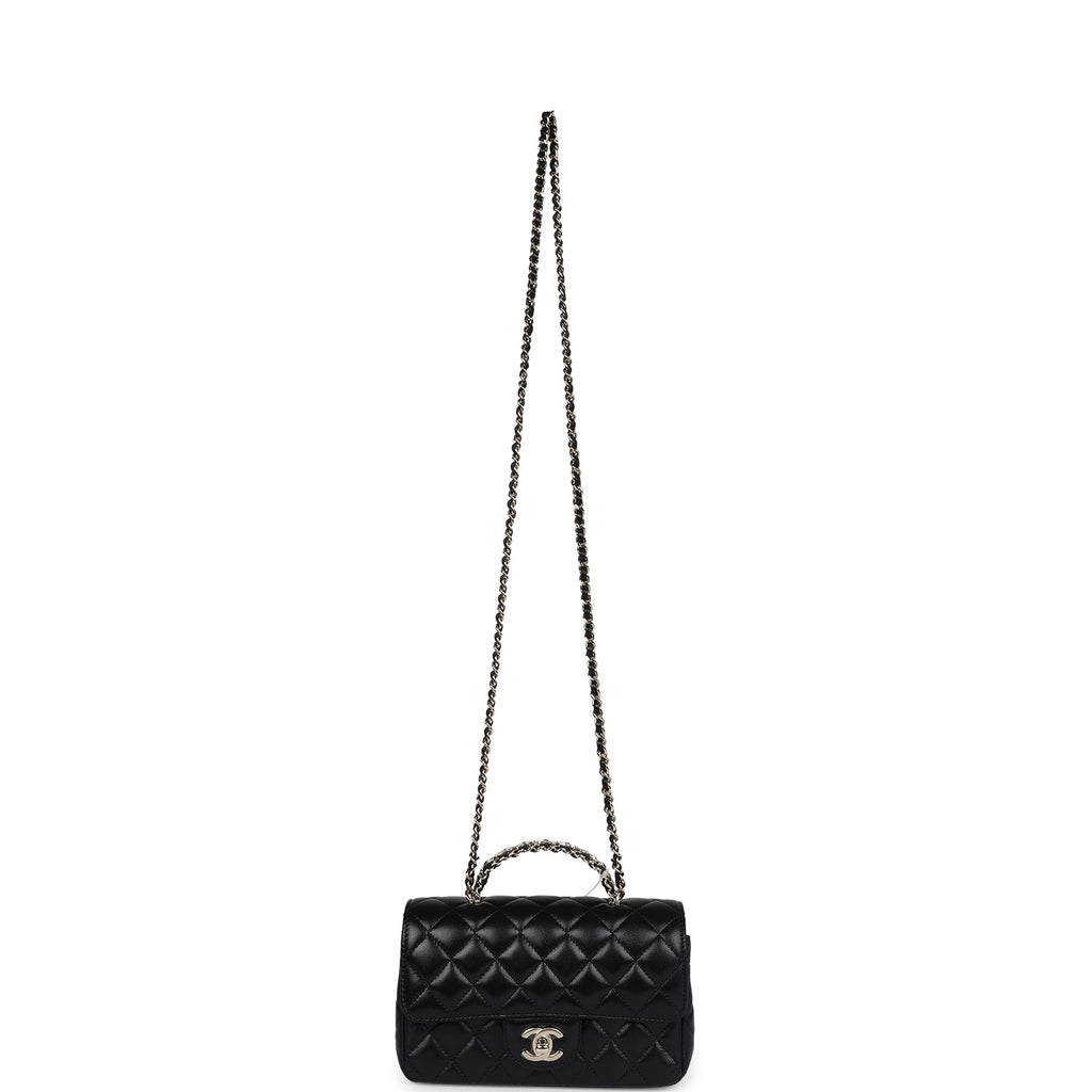 Mini Rectangular Crystal Top Handle Flap Bag Black Lambskin Light Gold Hardware