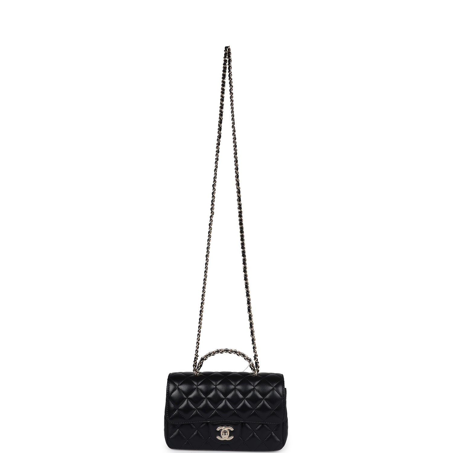 Mini Rectangular Crystal Top Handle Flap Bag Black Lambskin Light Gold Hardware