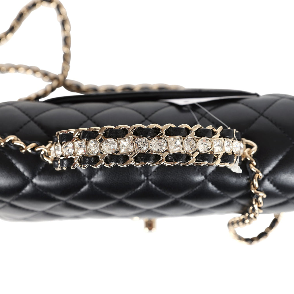 Mini Rectangular Crystal Top Handle Flap Bag Black Lambskin Light Gold Hardware
