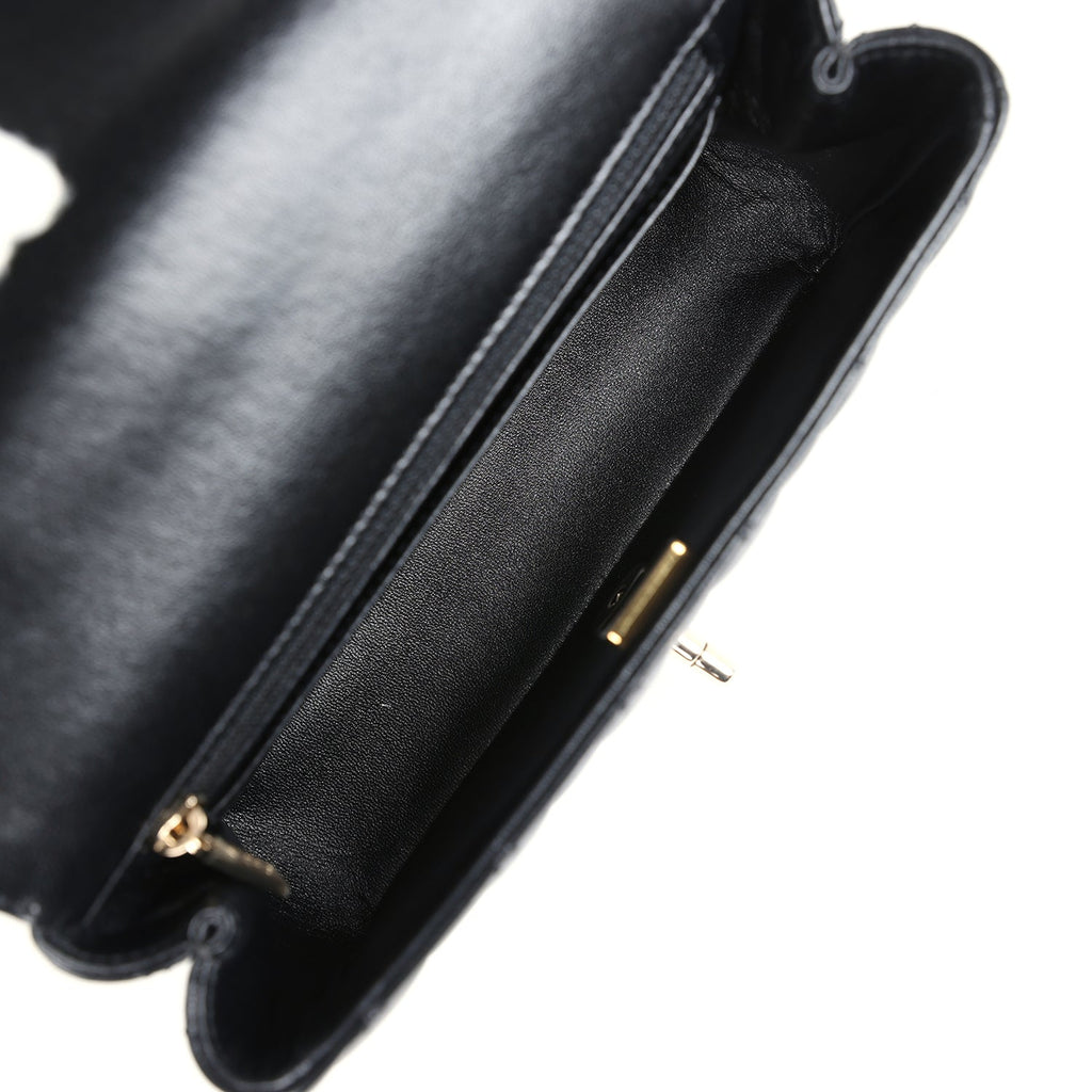 Mini Rectangular Crystal Top Handle Flap Bag Black Lambskin Light Gold Hardware
