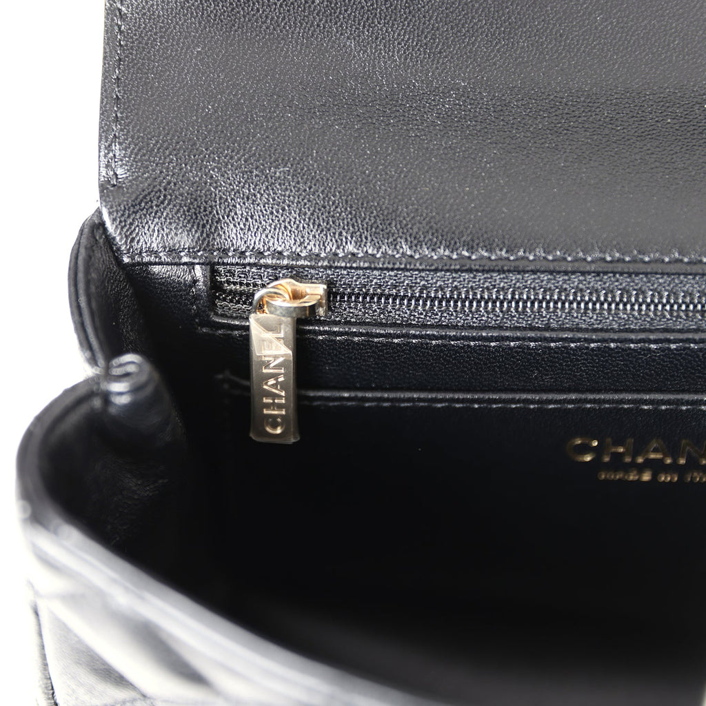 Mini Rectangular Crystal Top Handle Flap Bag Black Lambskin Light Gold Hardware