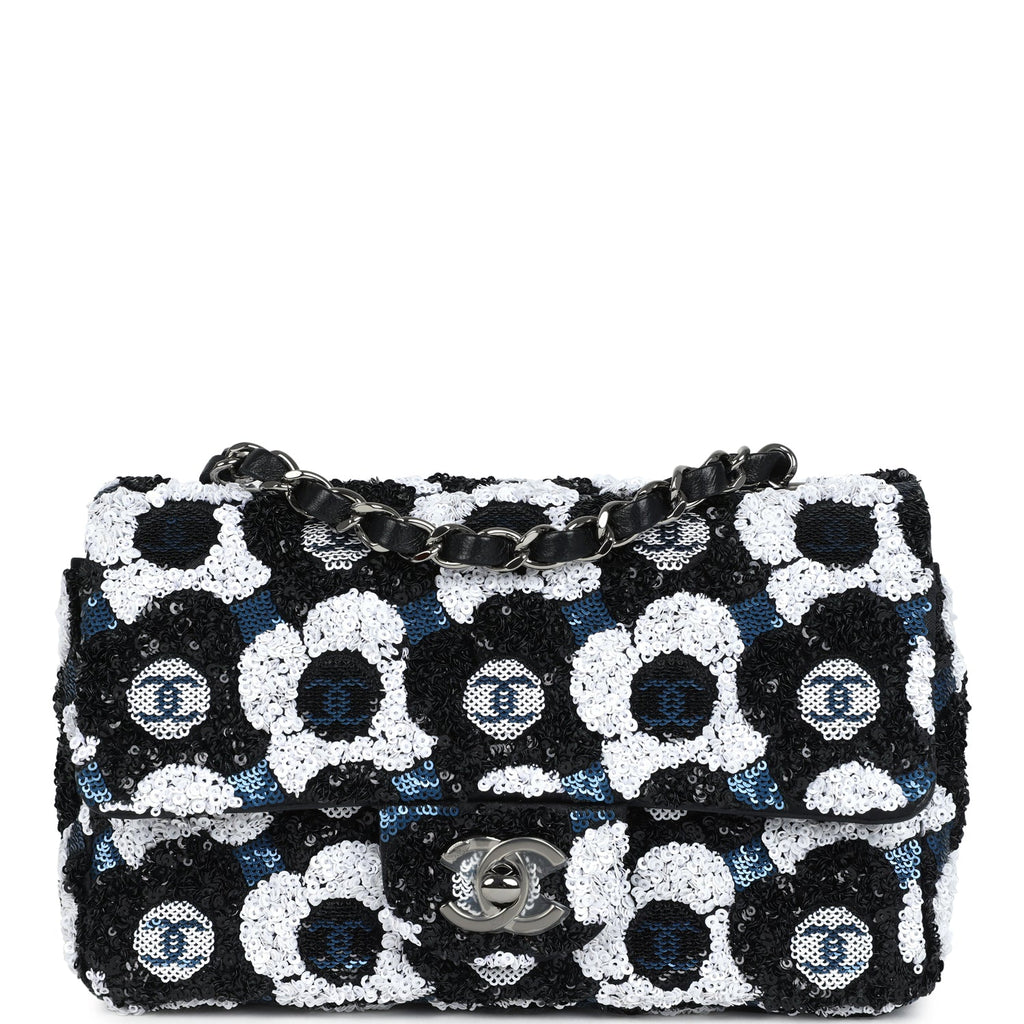 Mini Rectangular Flower Flap Bag Black, Navy and White Sequin Ruthenium Hardware