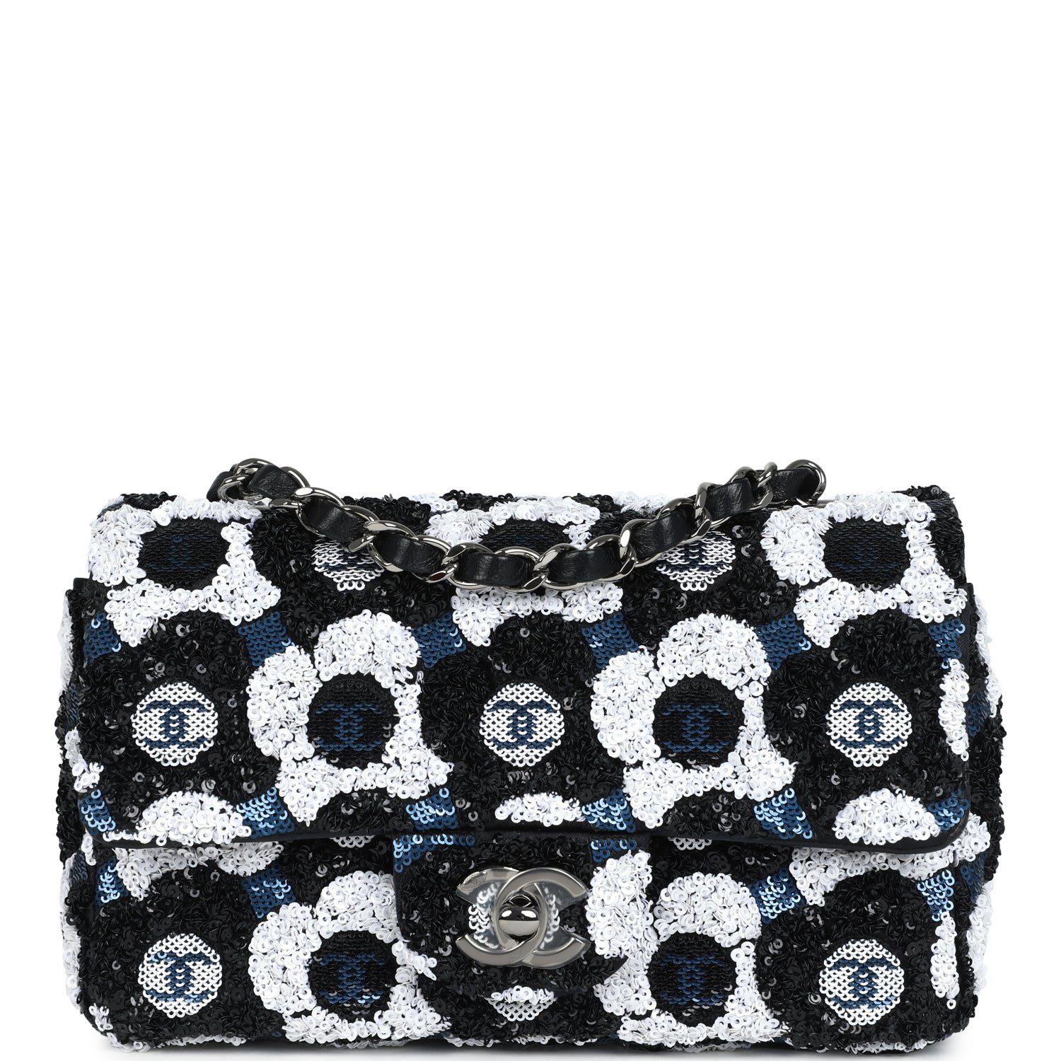 Mini Rectangular Flower Flap Bag Black, Navy and White Sequin Ruthenium Hardware