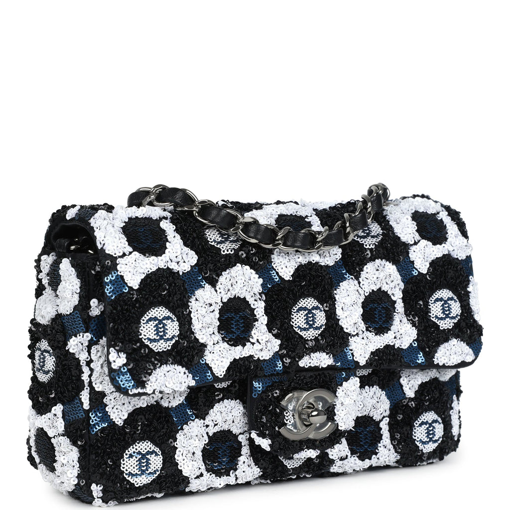 Mini Rectangular Flower Flap Bag Black, Navy and White Sequin Ruthenium Hardware