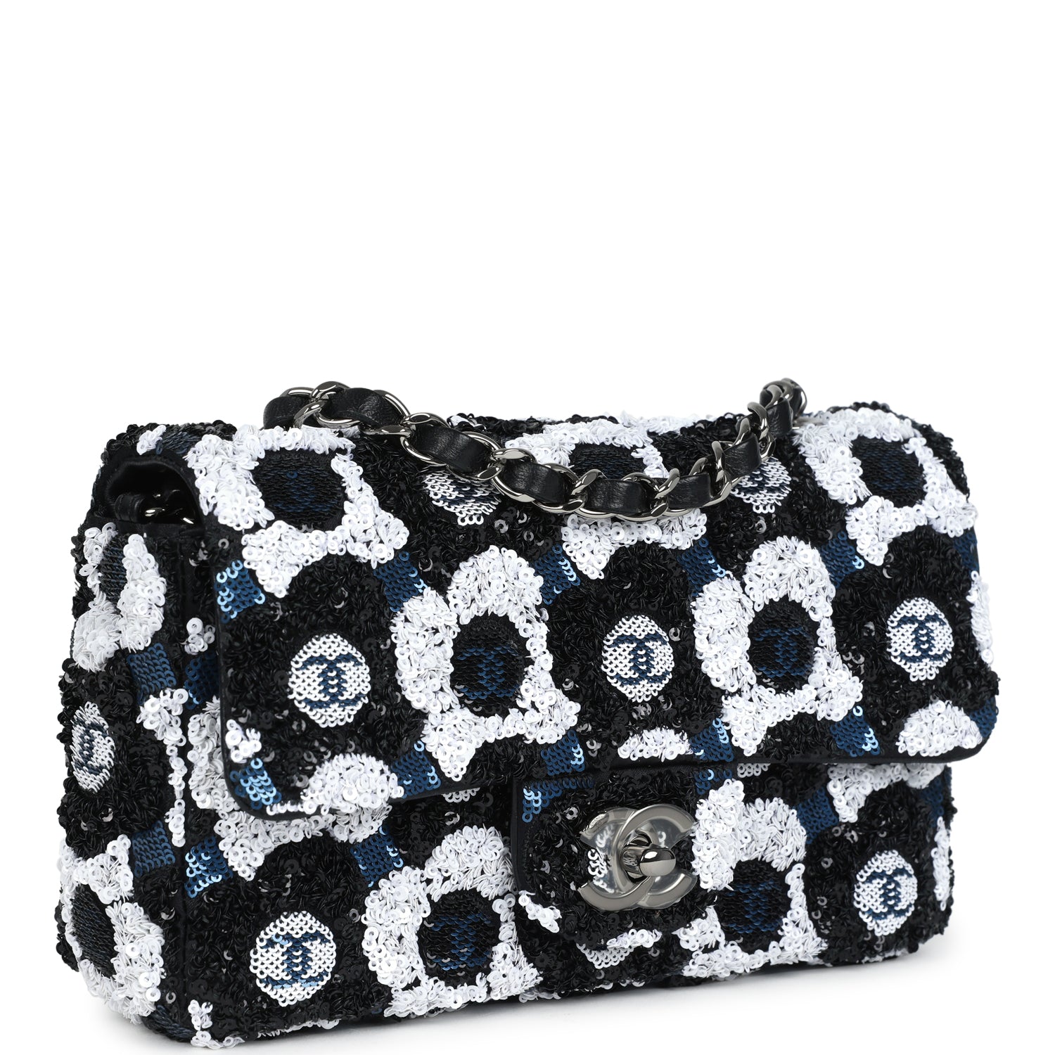 Mini Rectangular Flower Flap Bag Black, Navy and White Sequin Ruthenium Hardware