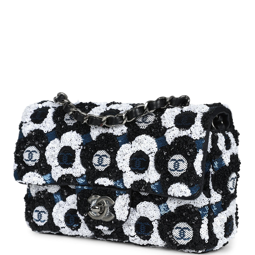 Mini Rectangular Flower Flap Bag Black, Navy and White Sequin Ruthenium Hardware