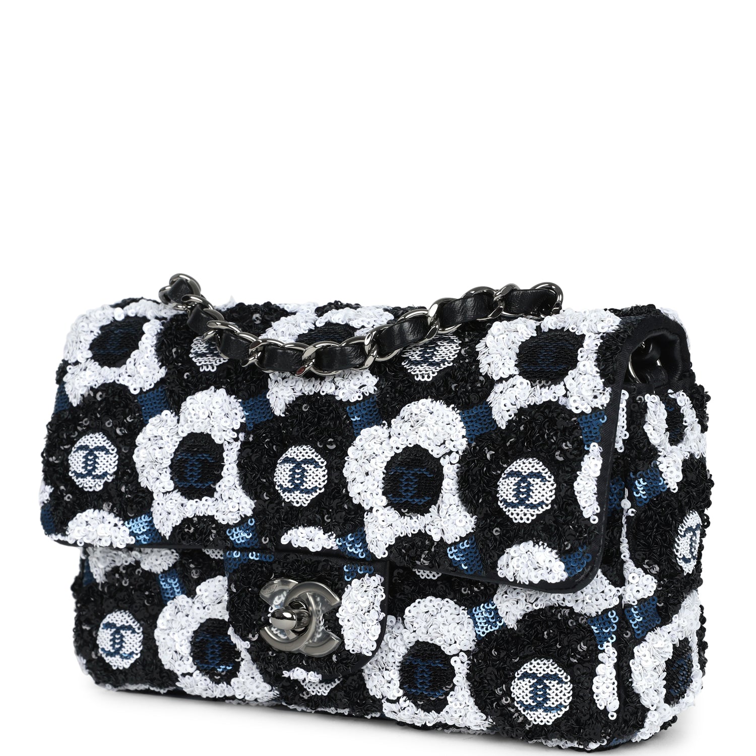 Mini Rectangular Flower Flap Bag Black, Navy and White Sequin Ruthenium Hardware