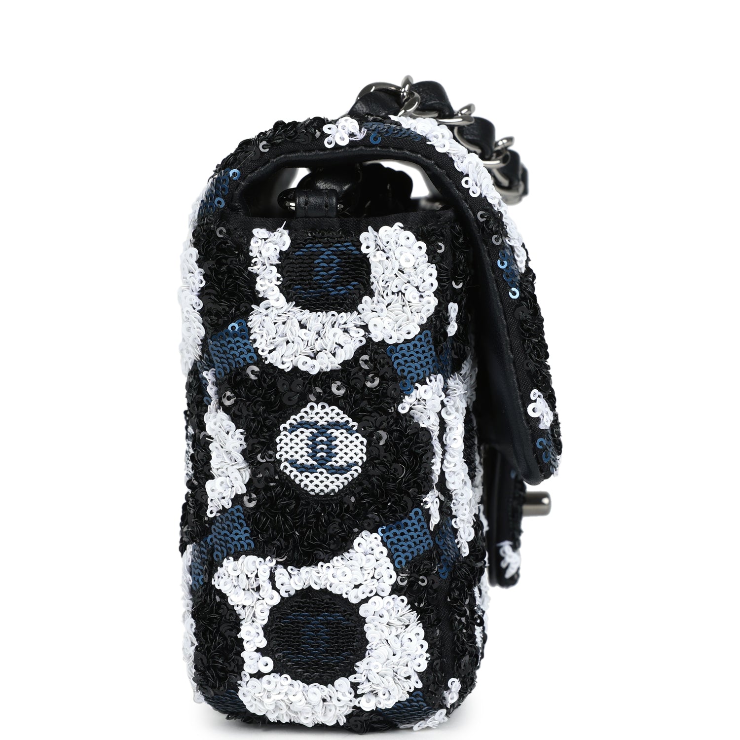 Mini Rectangular Flower Flap Bag Black, Navy and White Sequin Ruthenium Hardware