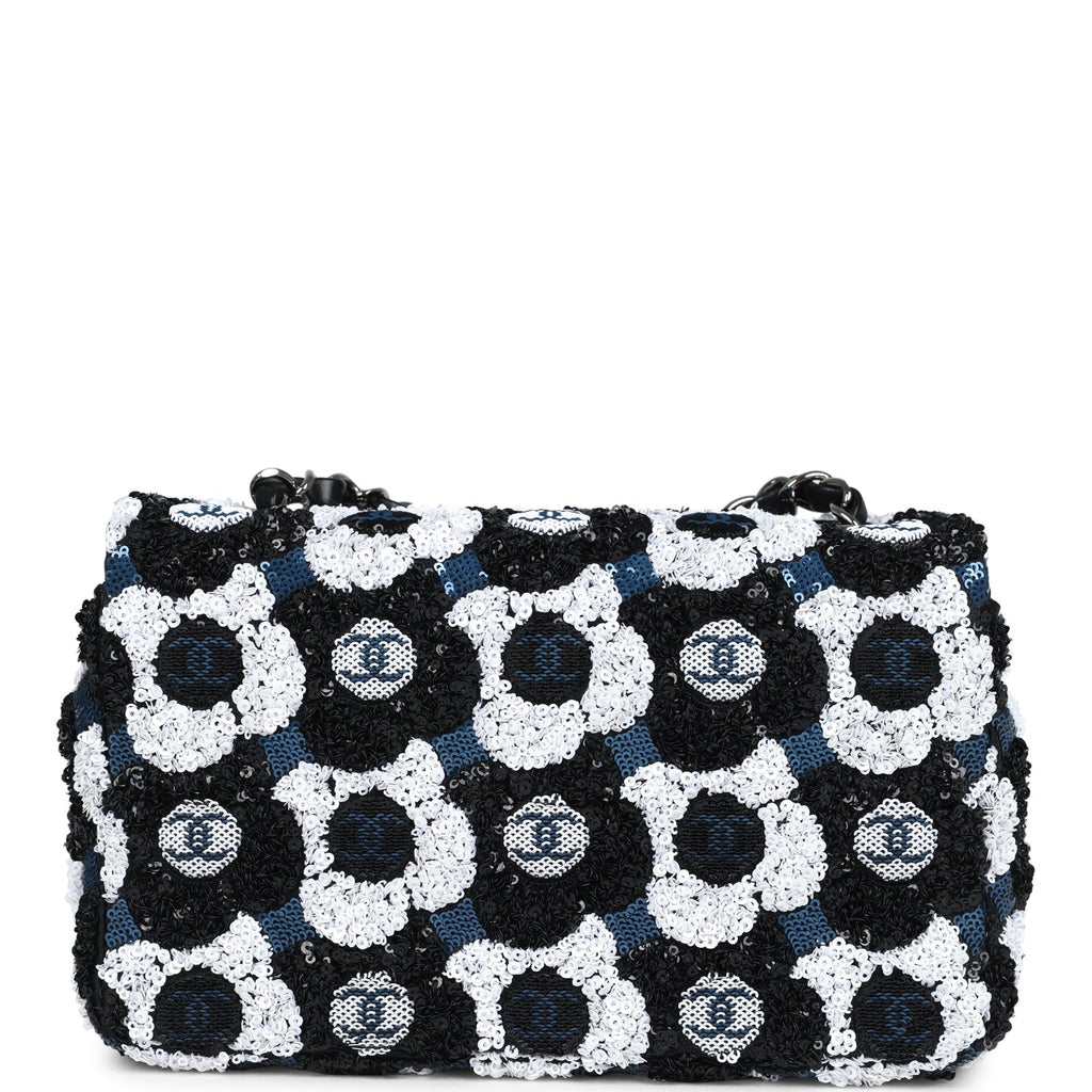 Mini Rectangular Flower Flap Bag Black, Navy and White Sequin Ruthenium Hardware