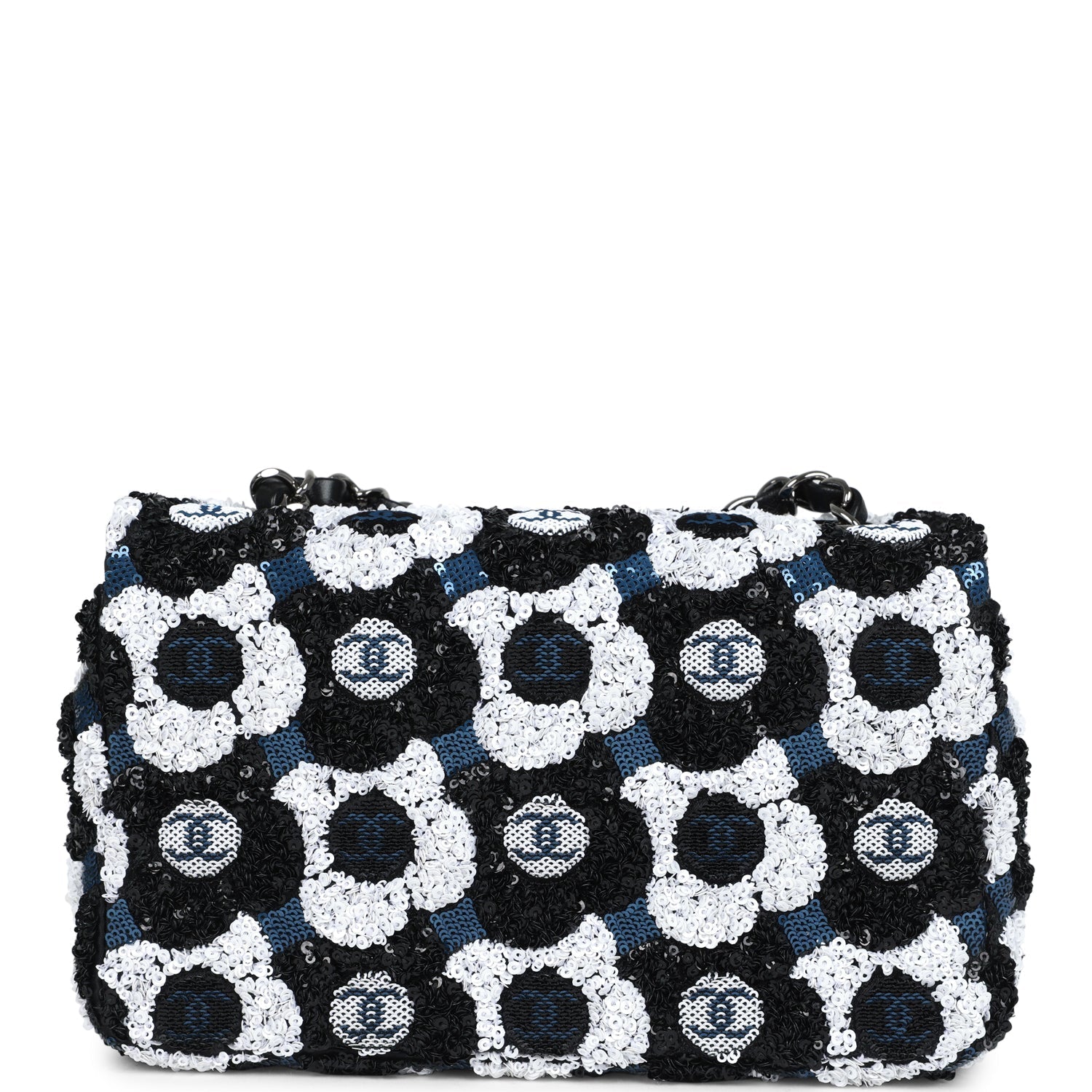 Mini Rectangular Flower Flap Bag Black, Navy and White Sequin Ruthenium Hardware