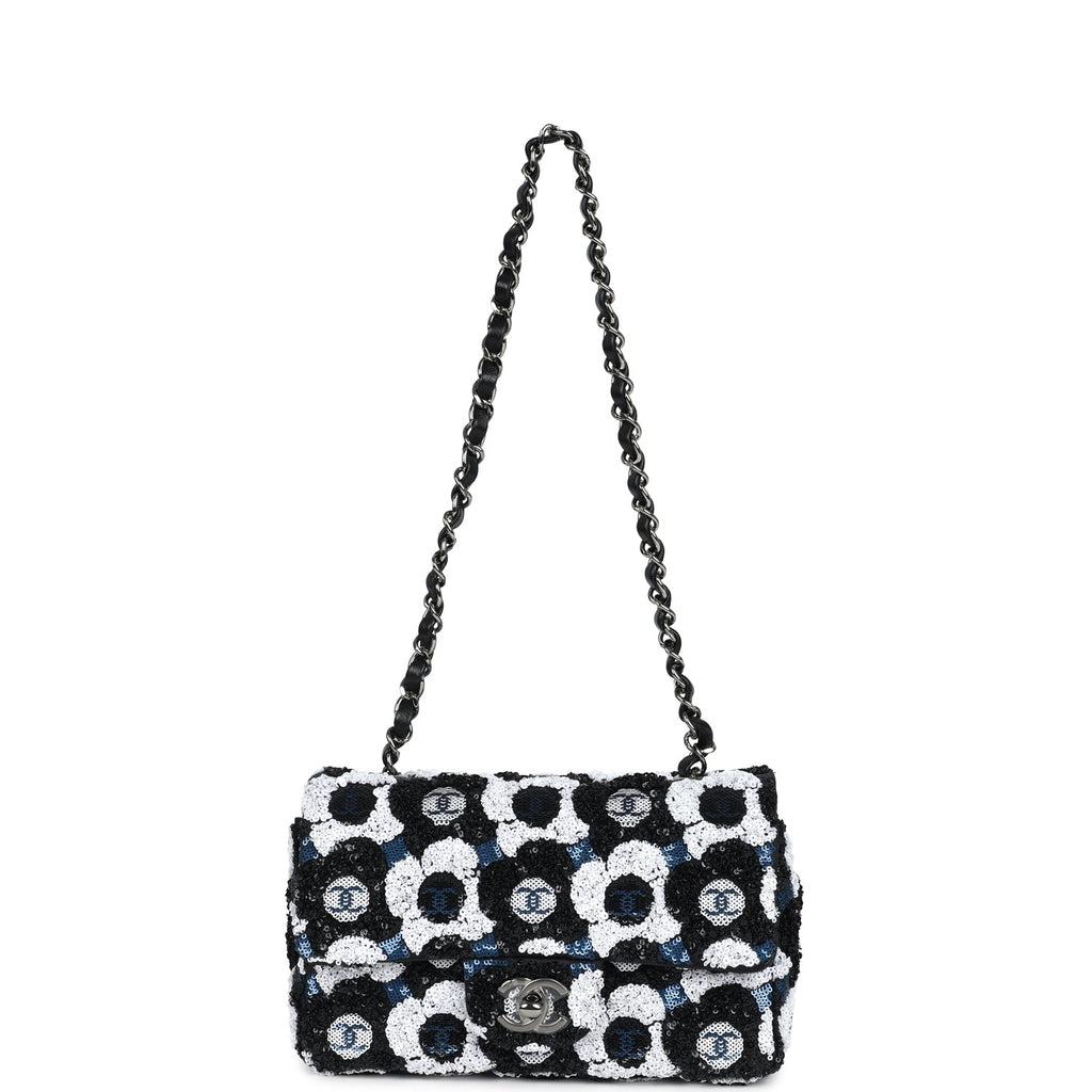 Mini Rectangular Flower Flap Bag Black, Navy and White Sequin Ruthenium Hardware