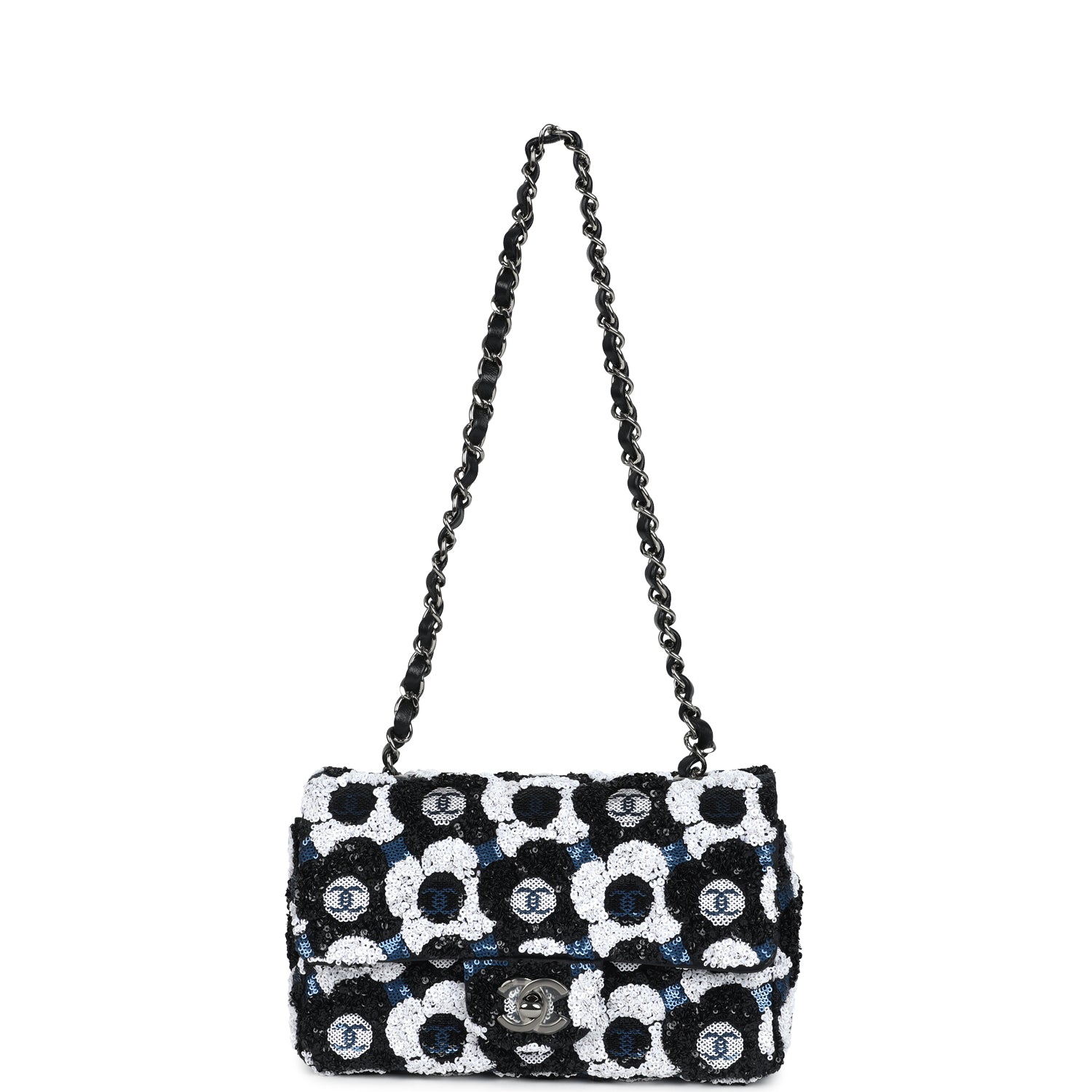 Mini Rectangular Flower Flap Bag Black, Navy and White Sequin Ruthenium Hardware