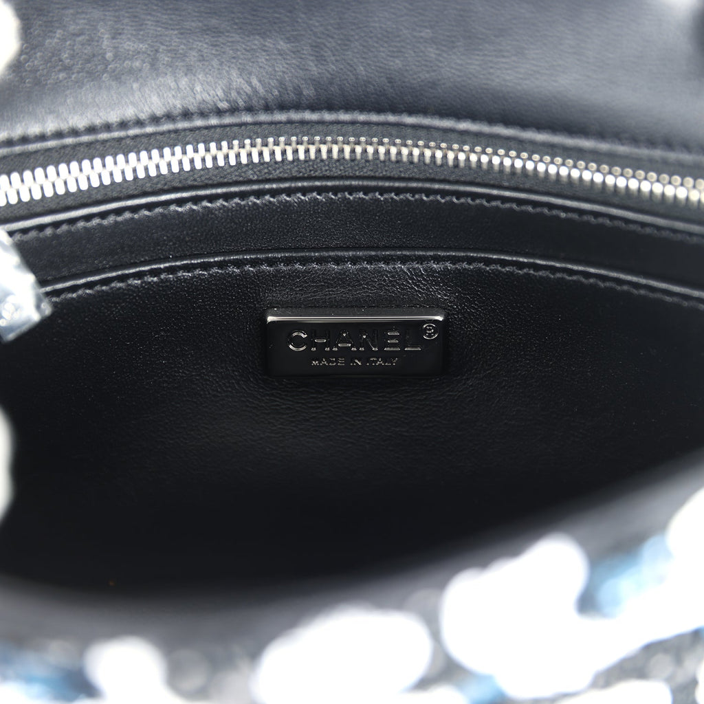 Mini Rectangular Flower Flap Bag Black, Navy and White Sequin Ruthenium Hardware