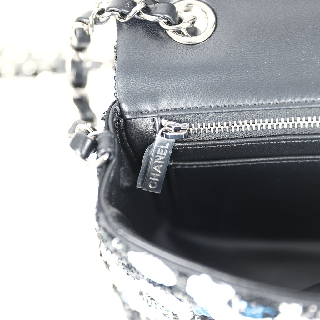 Mini Rectangular Flower Flap Bag Black, Navy and White Sequin Ruthenium Hardware