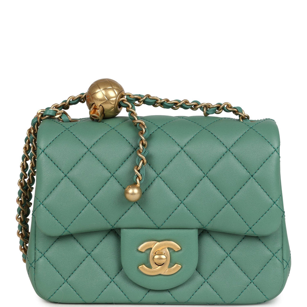 Mini Square Pearl Crush Flap Bag Green Lambskin Antique Gold Hardware
