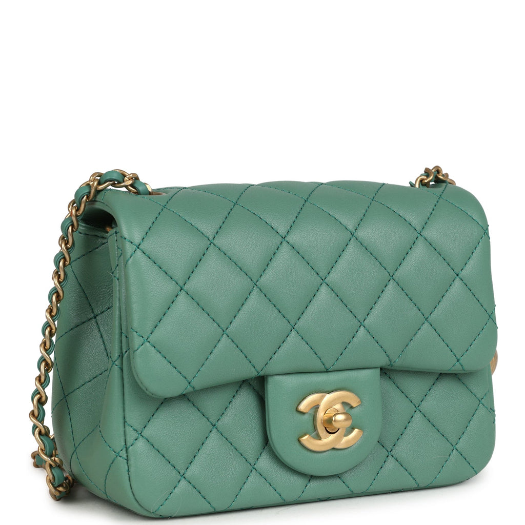 Mini Square Pearl Crush Flap Bag Green Lambskin Antique Gold Hardware