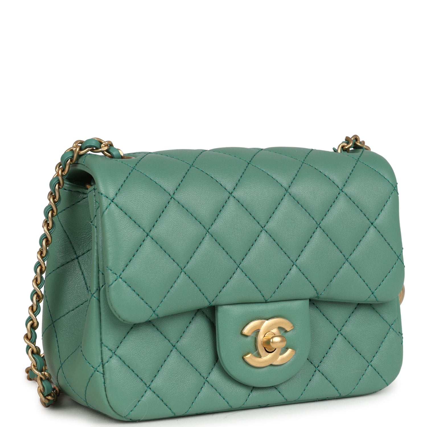 Mini Square Pearl Crush Flap Bag Green Lambskin Antique Gold Hardware
