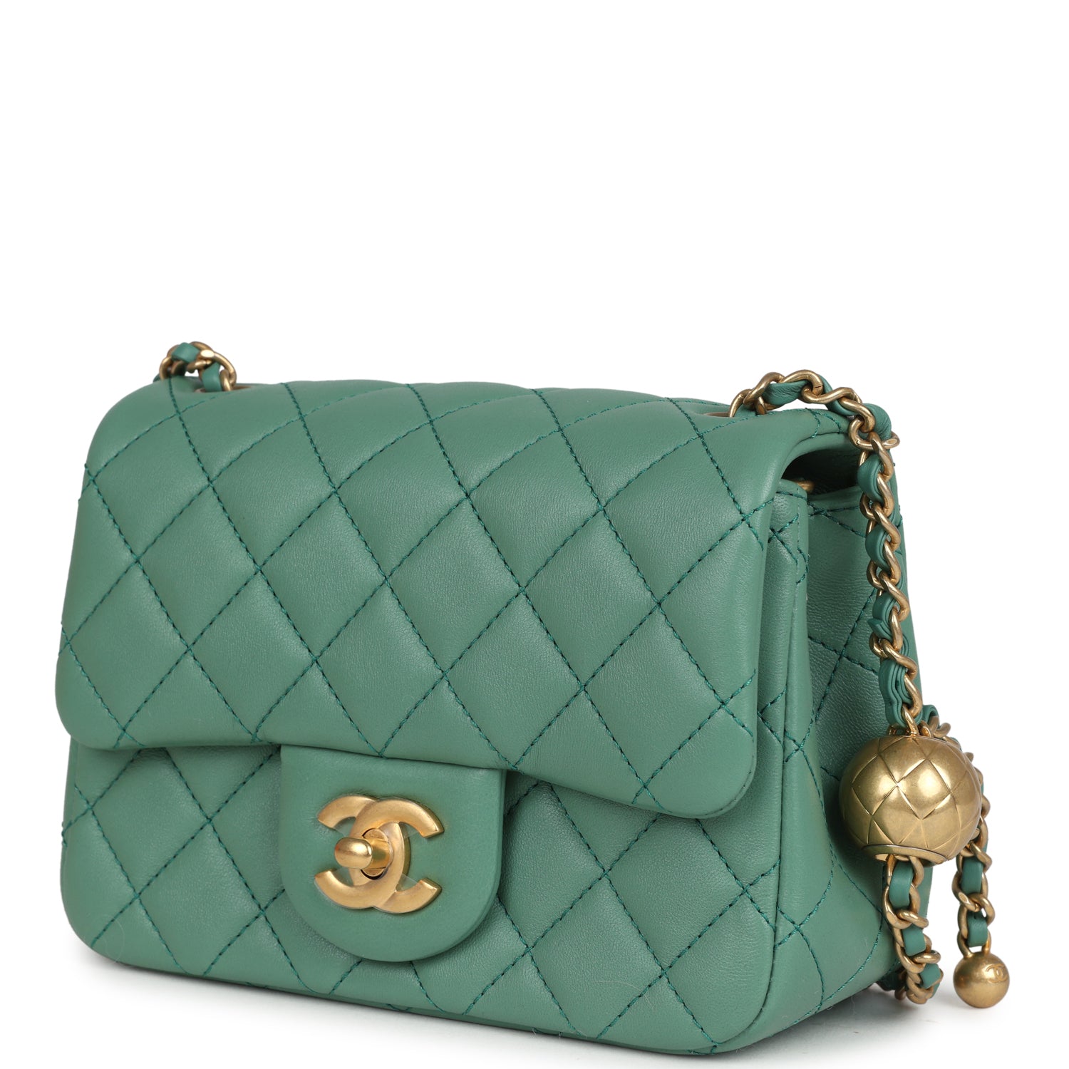 Mini Square Pearl Crush Flap Bag Green Lambskin Antique Gold Hardware