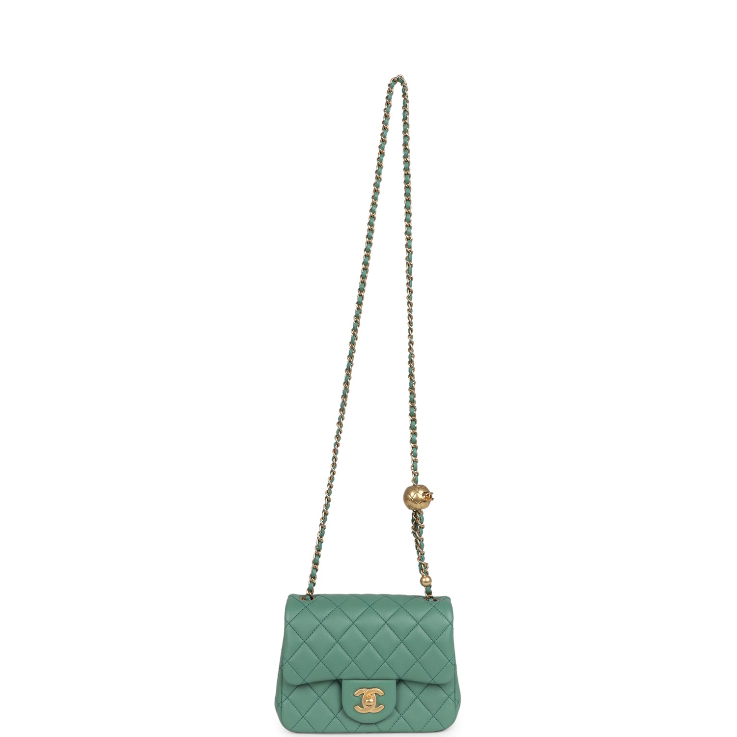 Mini Square Pearl Crush Flap Bag Green Lambskin Antique Gold Hardware