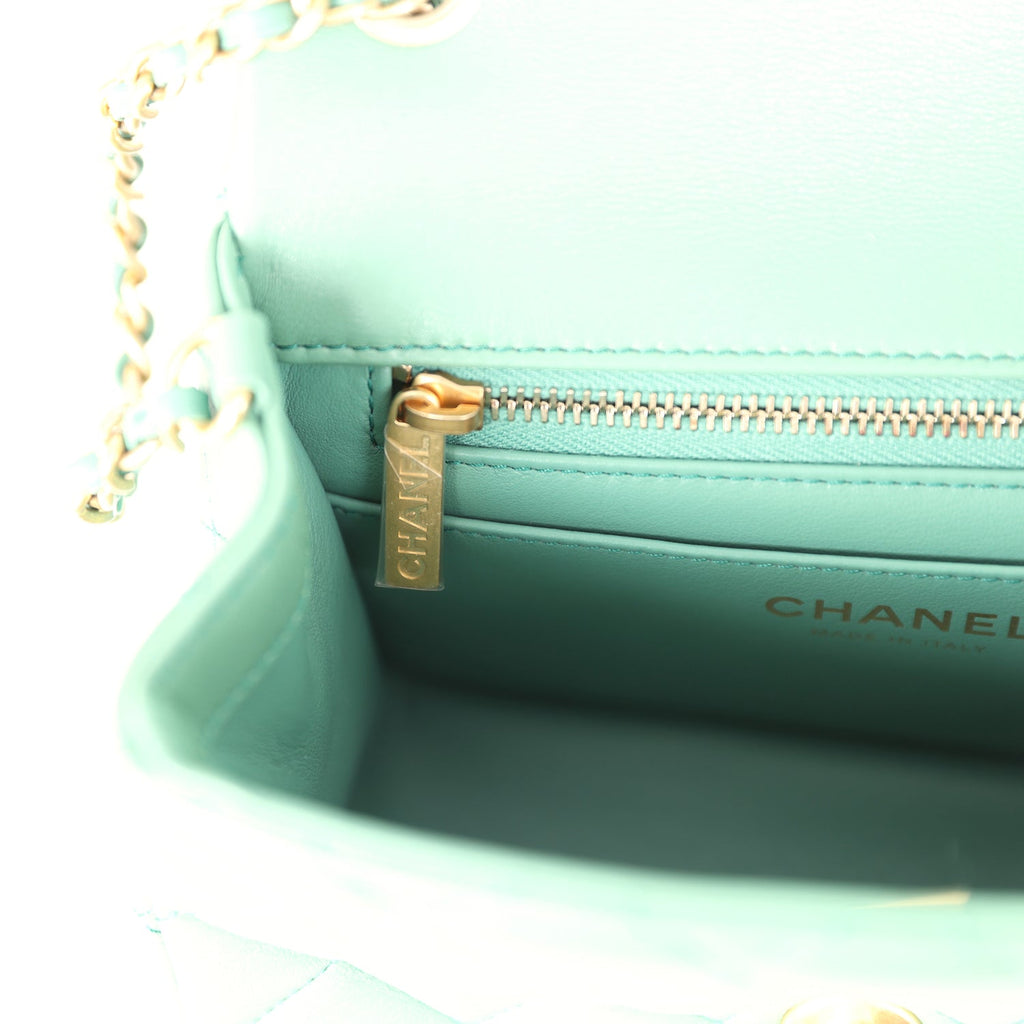 Mini Square Pearl Crush Flap Bag Green Lambskin Antique Gold Hardware