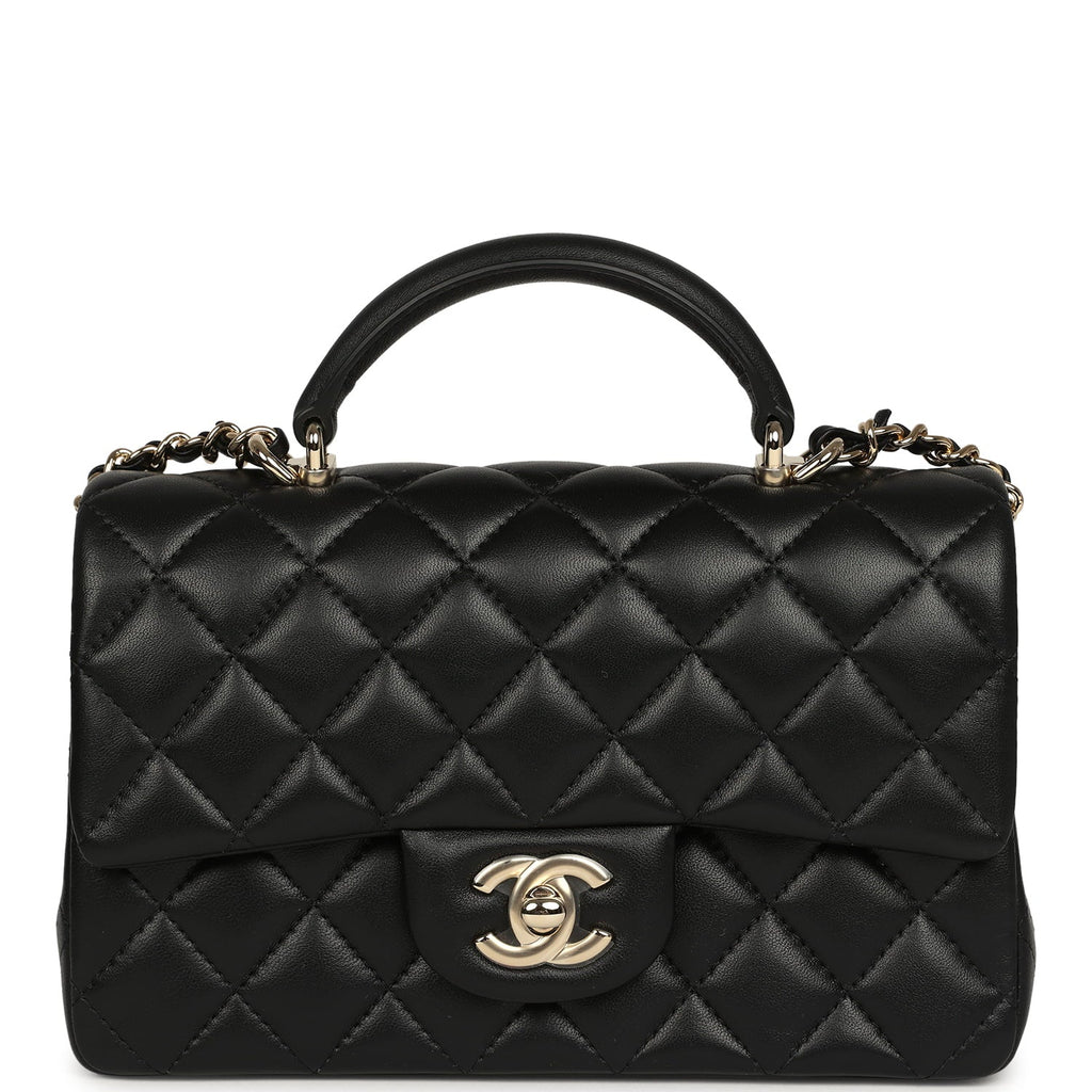 Mini Rectangular Top Handle Flap Bag Black Lambskin Light Gold Hardware