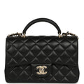 Mini Rectangular Top Handle Flap Bag Black Lambskin Light Gold Hardware