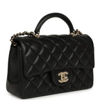 Mini Rectangular Top Handle Flap Bag Black Lambskin Light Gold Hardware