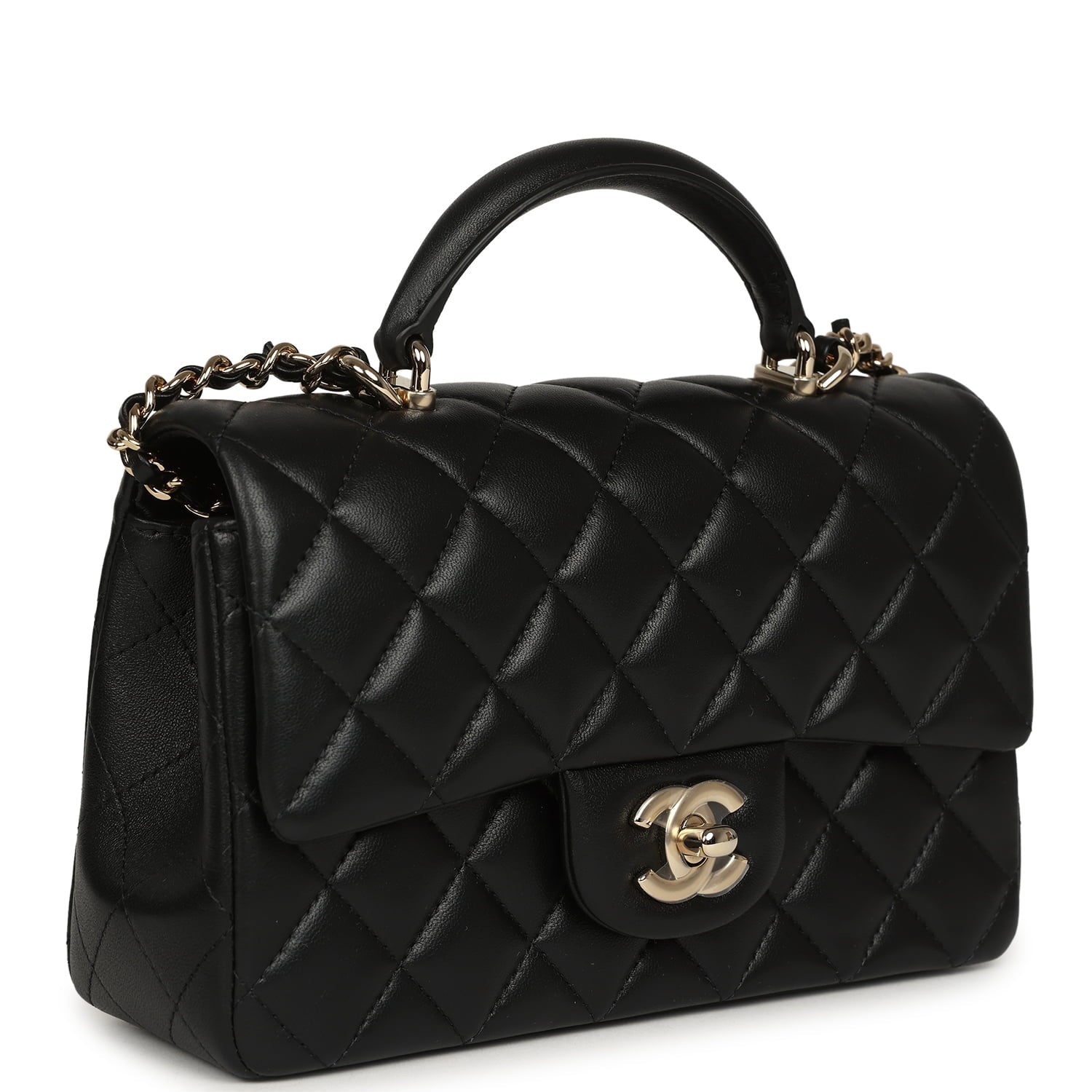 Mini Rectangular Top Handle Flap Bag Black Lambskin Light Gold Hardware