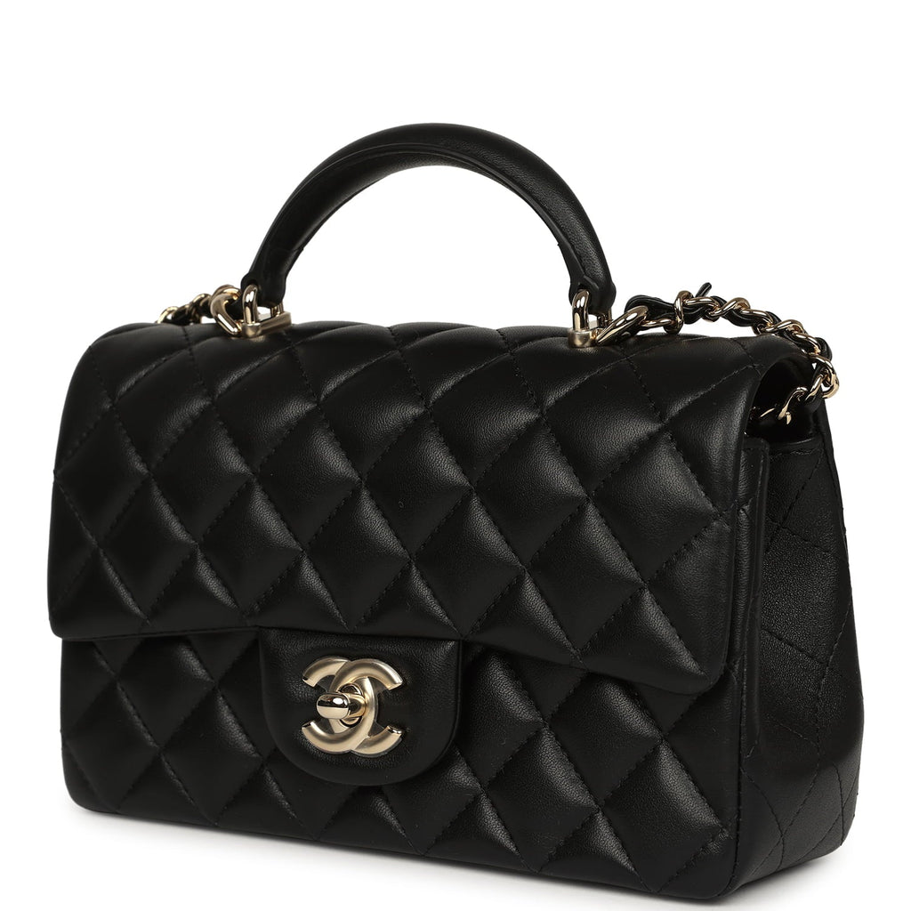 Mini Rectangular Top Handle Flap Bag Black Lambskin Light Gold Hardware