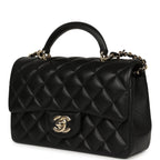 Mini Rectangular Top Handle Flap Bag Black Lambskin Light Gold Hardware