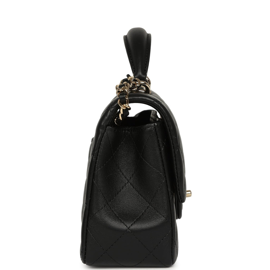 Mini Rectangular Top Handle Flap Bag Black Lambskin Light Gold Hardware