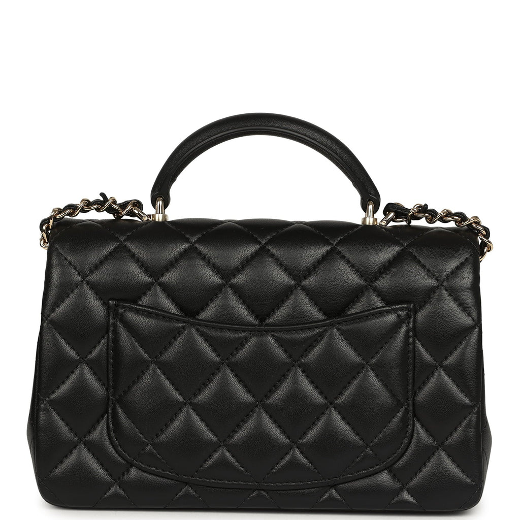 Mini Rectangular Top Handle Flap Bag Black Lambskin Light Gold Hardware