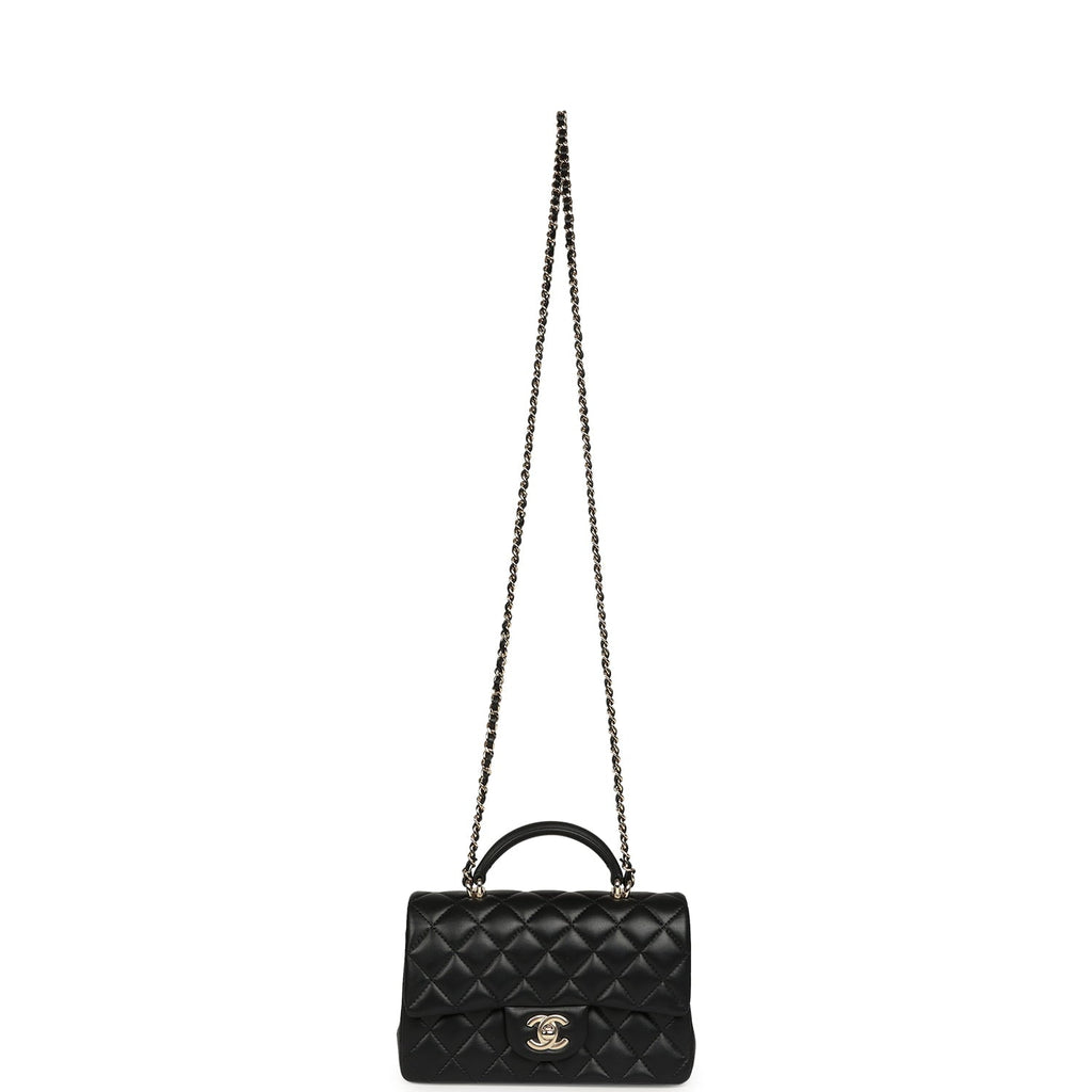 Mini Rectangular Top Handle Flap Bag Black Lambskin Light Gold Hardware