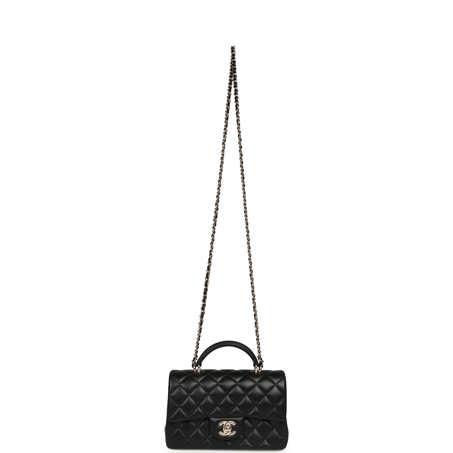 Mini Rectangular Top Handle Flap Bag Black Lambskin Light Gold Hardware