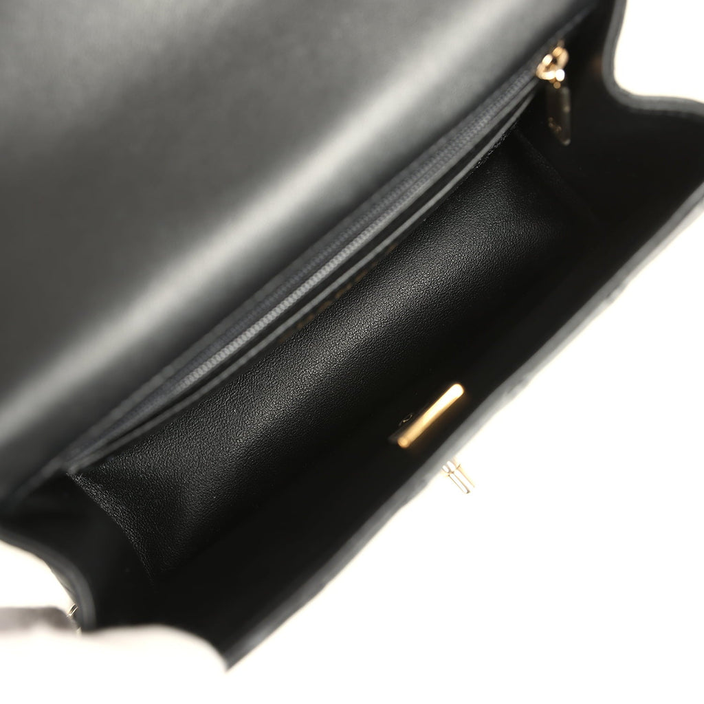Mini Rectangular Top Handle Flap Bag Black Lambskin Light Gold Hardware