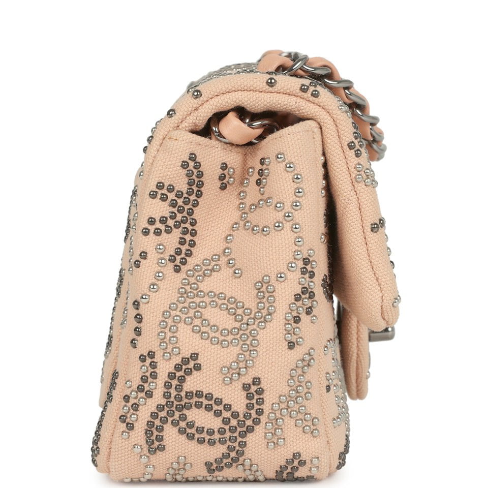 Mini CC Studded Rectangular Flap Bag Light Pink Canvas Ruthenium Hardware