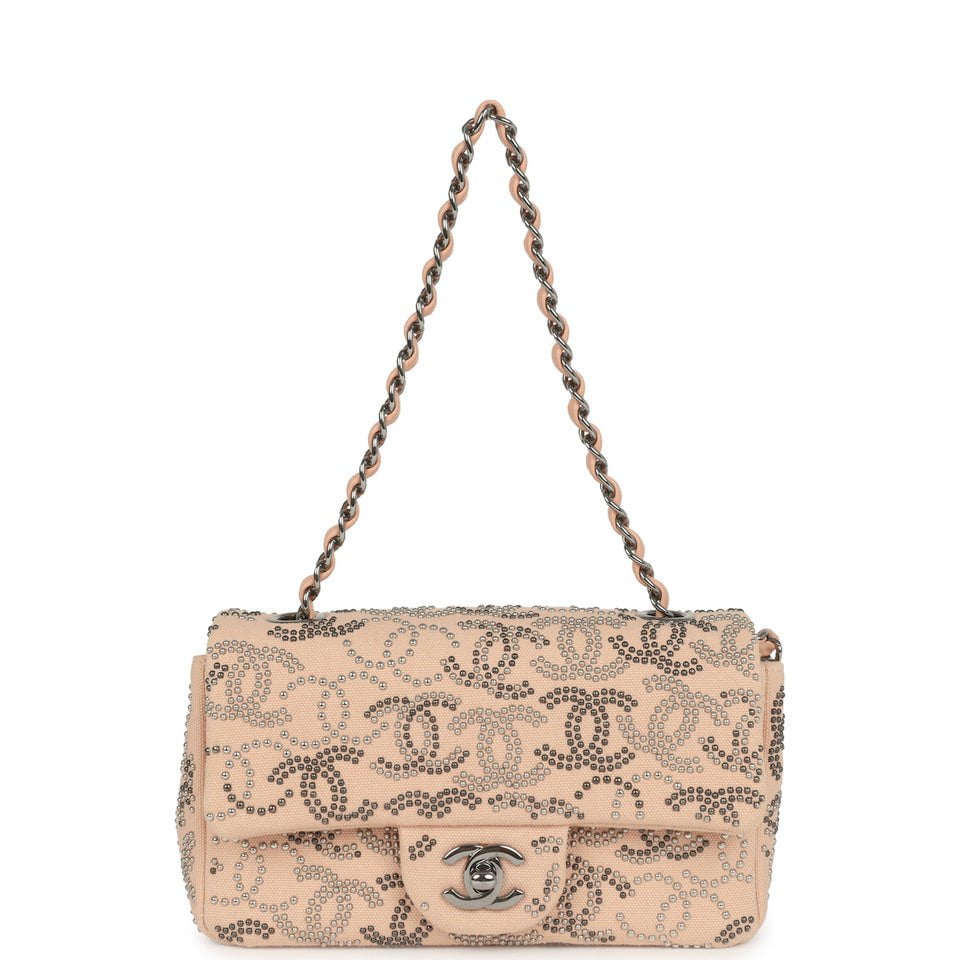 Mini CC Studded Rectangular Flap Bag Light Pink Canvas Ruthenium Hardware