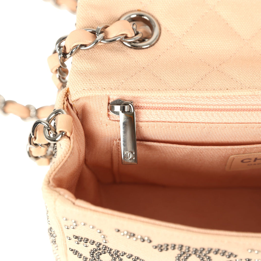 Mini CC Studded Rectangular Flap Bag Light Pink Canvas Ruthenium Hardware