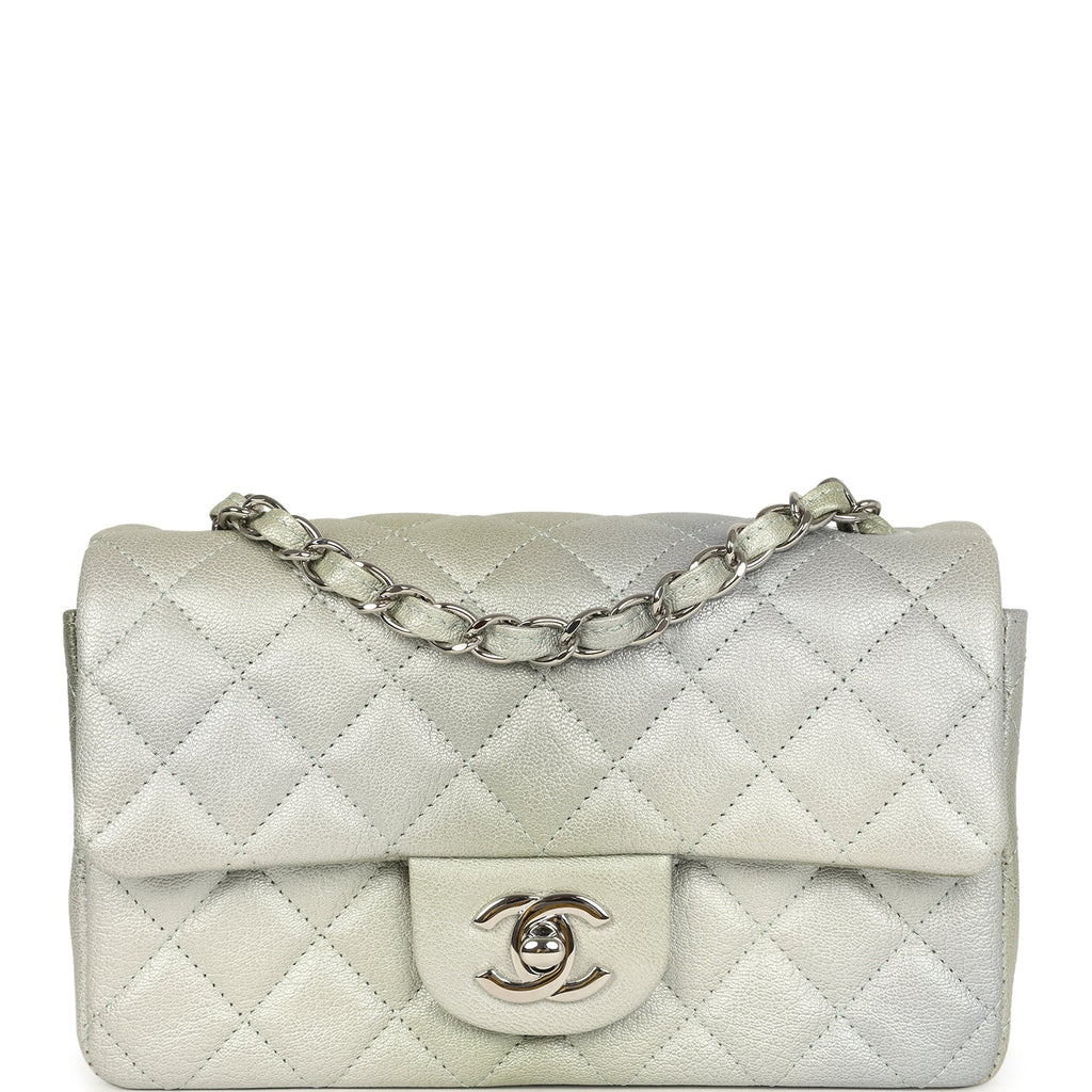 Mini Classic Rectangular Flap Bag Grey and Green Ombre Iridescent Goatskin Silver Hardware