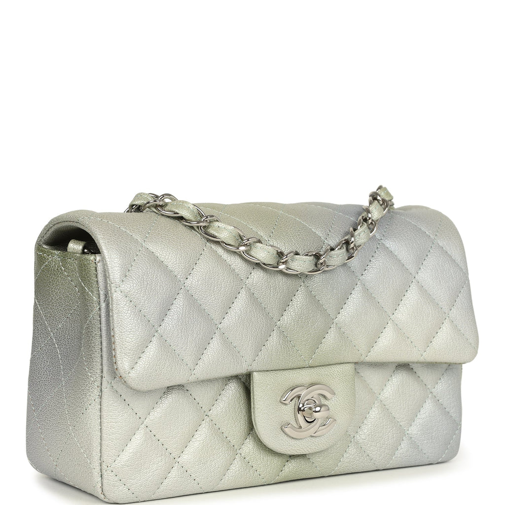 Mini Classic Rectangular Flap Bag Grey and Green Ombre Iridescent Goatskin Silver Hardware