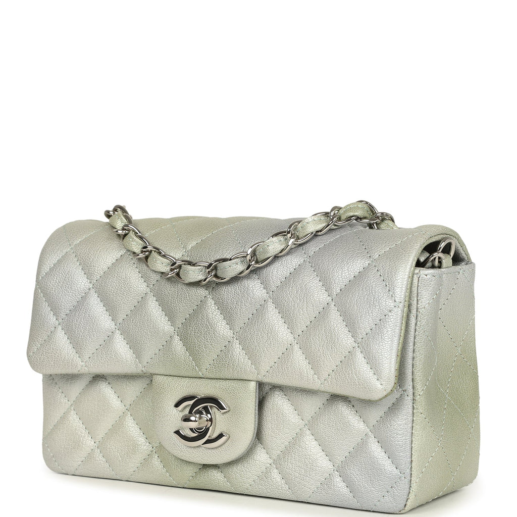 Mini Classic Rectangular Flap Bag Grey and Green Ombre Iridescent Goatskin Silver Hardware