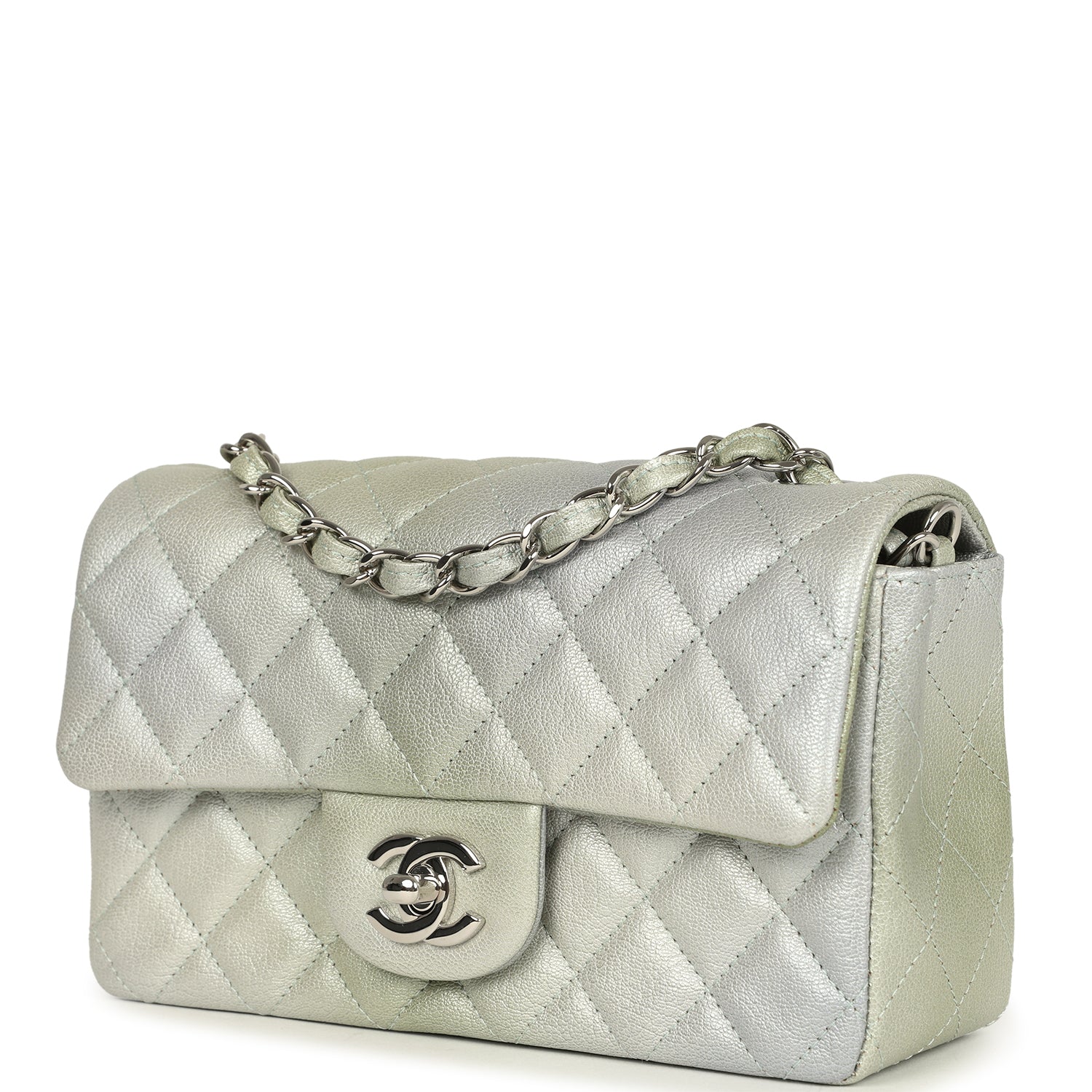 Mini Classic Rectangular Flap Bag Grey and Green Ombre Iridescent Goatskin Silver Hardware