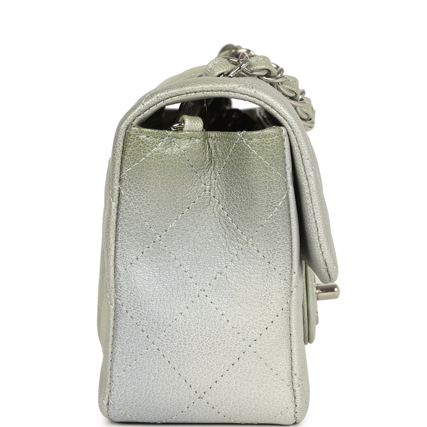 Mini Classic Rectangular Flap Bag Grey and Green Ombre Iridescent Goatskin Silver Hardware